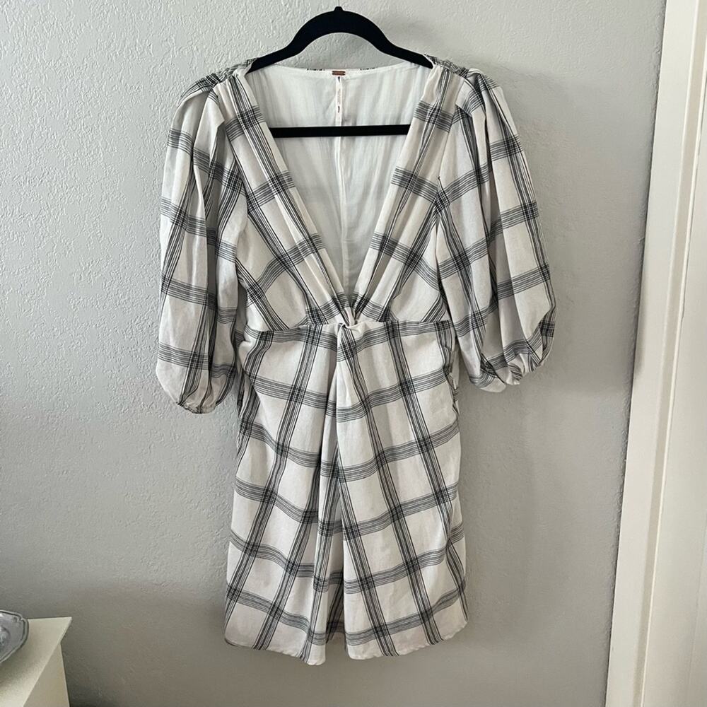 Free People Miss Molly White Plaid Puff-Sleeve Mini Dress - Picture 4 of 10